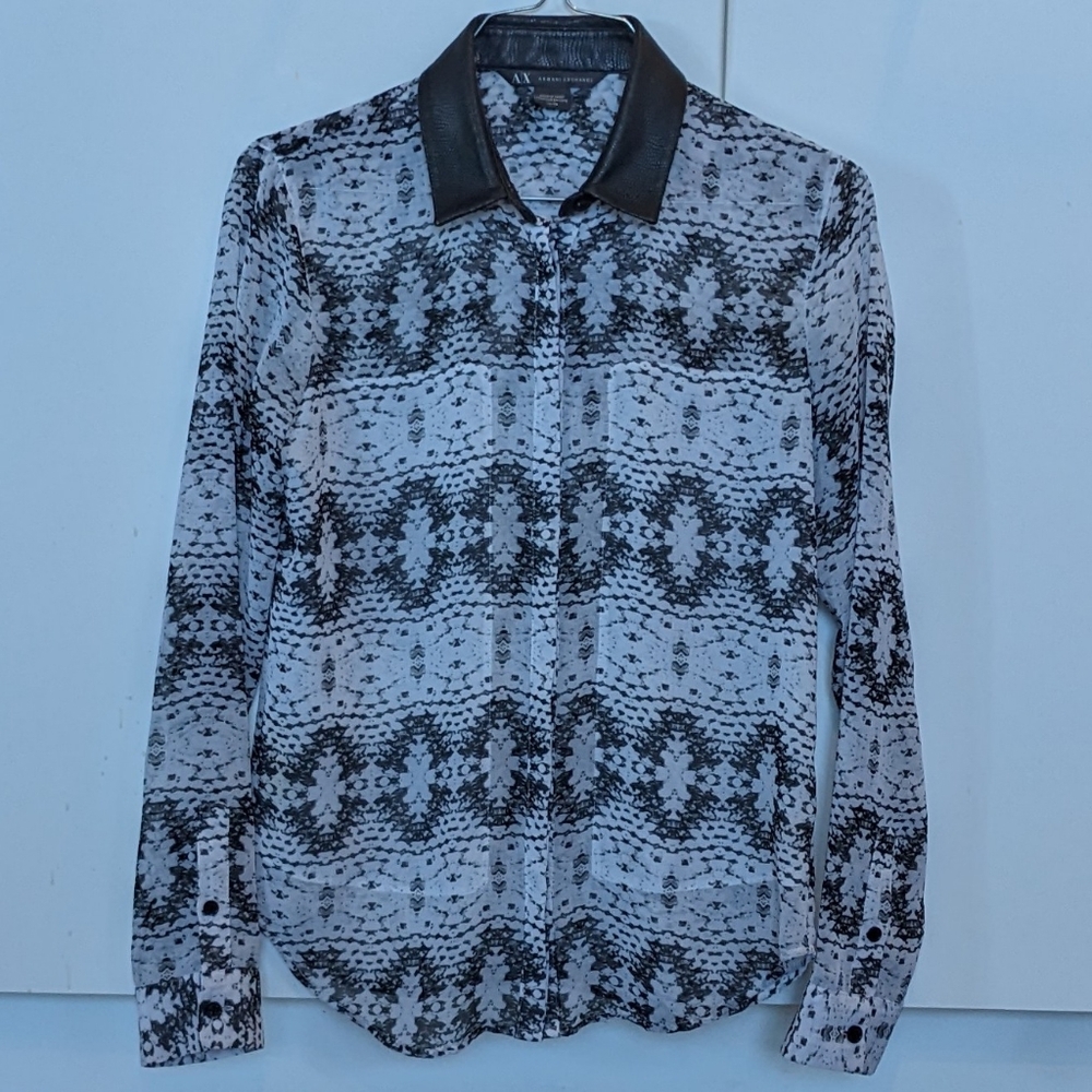 Armani Exchange Sheer Snake Skin Print Blouse Career Faux Leather Collar Size X…